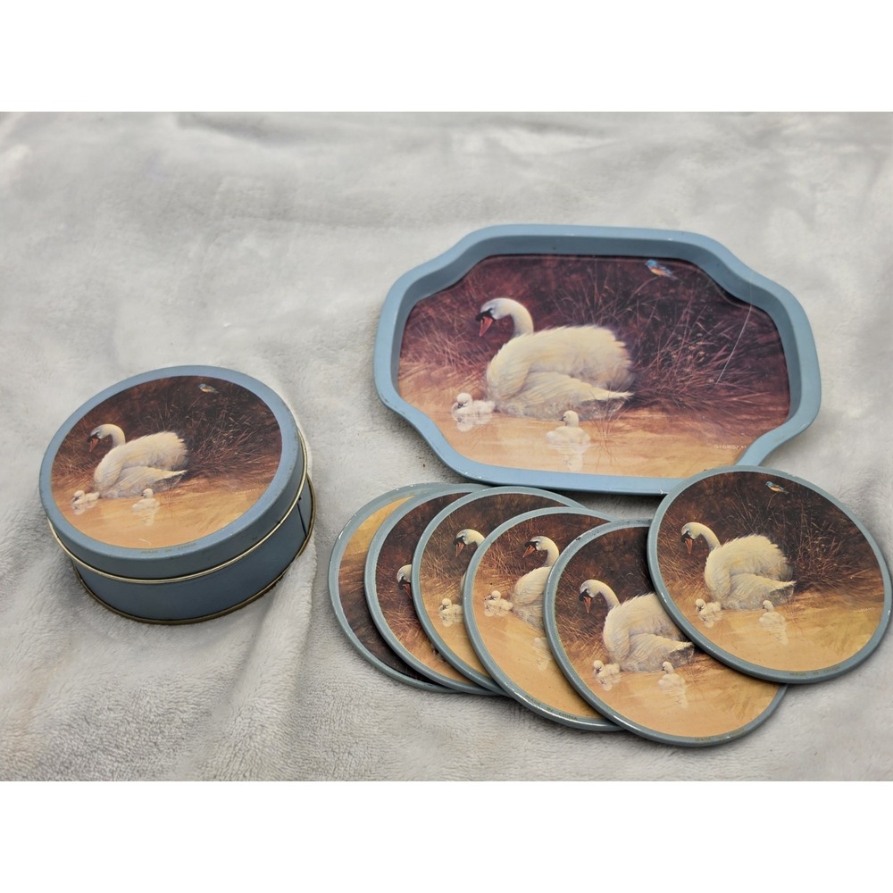 Vintage 1988 Giordano Art Ltd Swan Metal Coasters Set with Tin and Tray